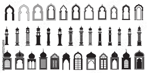 Arab and Muslim mosque shapes, Islamic arches and door designs combined with modern silhouettes, Eid Mubarak and Ramadan Kareem frames that represent Islamic Arabian and Muslim holidays