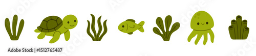 Nature-focused horizontal marine set with seaweed, turtle, fish, and jellyfish in earthy green tones for children’s content