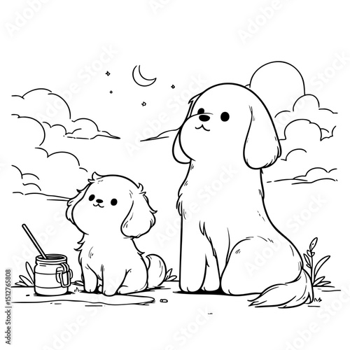Adorable Puppy and Dog under the Night Sky  A Cute Line Art Drawing