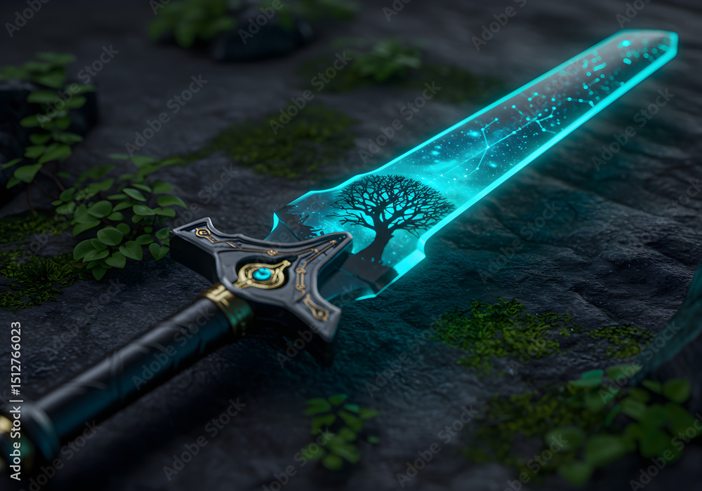 Obraz premium A beautiful, transparent crystal sword resting atop a black rocky mountain. 