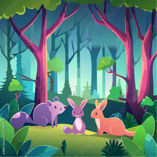 Cute Vector Graphic:  Animals Hiding in the Forest 2