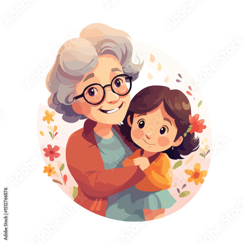 Multigenerational Bonding: Little Girl and Grandmother Together - Family Vector Illustration