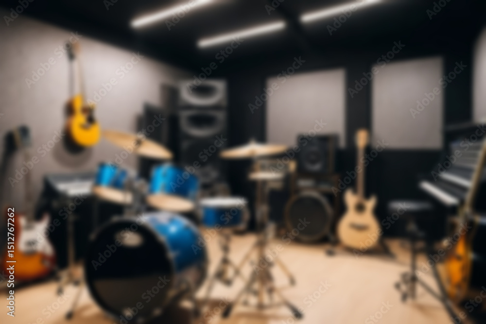 Fototapeta premium Blurred music studio interior, featuring musical instruments such as guitars and drums neatly lined up, modern classical theme, blurred music studio background.