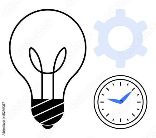 Lightbulb, gear, and clock emphasizing creativity, innovation, productivity, and time management. Ideal for planning, teamwork, strategy problem-solving business workflow flat simple metaphor