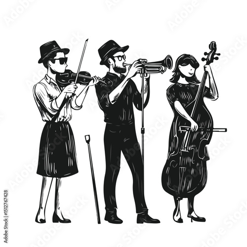 Professional Musician Performing with Trumpet, Bass, and Violin in Avatar Illustration