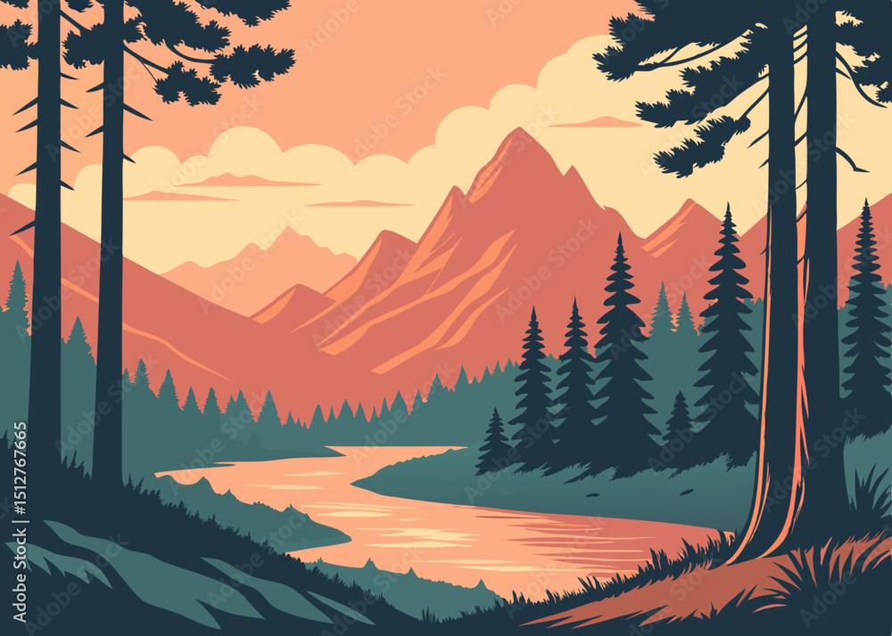 Ταπετσαρία Serene Mountain Landscape with River and Forest Vector Illustration A peaceful s