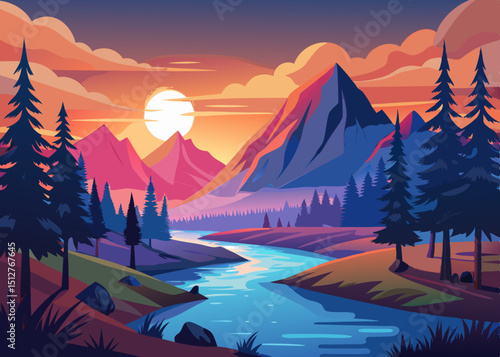 Vibrant Mountain Landscape at Sunset with River A stylized illustration of a colorful mountain range pine trees and a winding river under a bright sunset sky vector art