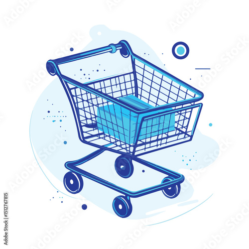Modern Online Shopping Cart in Blue Lines Vector Illustration for E-commerce Websites and Online Stores