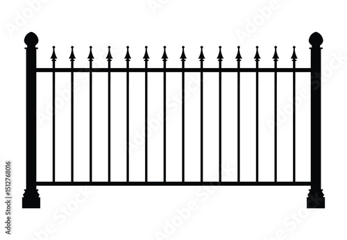 Front view of a minimalist black metal fence. Features evenly spaced vertical bars with pointed decorative finials on posts. Pure black and white graphic style, clean isolated background.