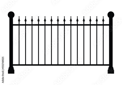 Front view of a minimalist black metal fence. Features evenly spaced vertical bars with pointed decorative finials on posts. Pure black and white graphic style, clean isolated background.