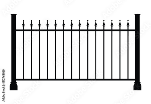 Front view of a minimalist black metal fence. Features evenly spaced vertical bars with pointed decorative finials on posts. Pure black and white graphic style, clean isolated background.