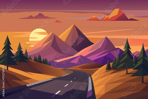 Scenic Mountain Road Trip at Sunset A stylized vector illustration of a winding road leading through a mountain landscape with vibrant colors and a setting sun perfect for travel and adventure themes