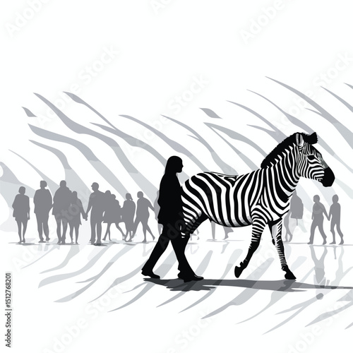 Busy urban street with pedestrians crossing zebra crosswalk vector illustration