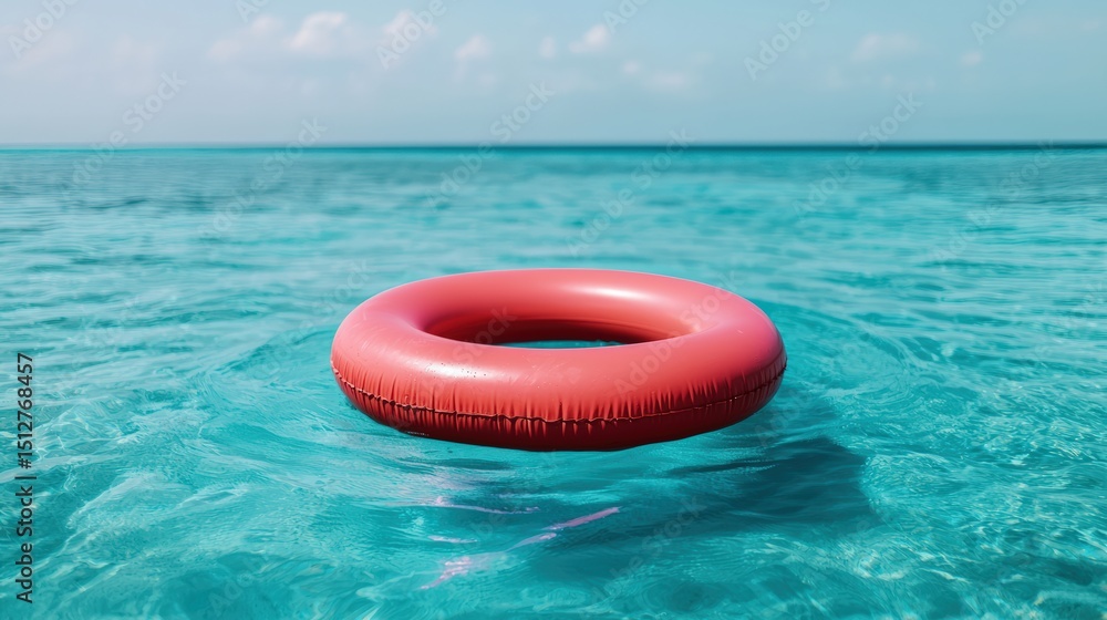 Vibrant inflatable ring floating in serene, crystal-clear ocean, perfect for summer holiday ads and refreshing vacation vibes Vibrant inflatable ring floating in serene, crystal-clear ocean, perfect for summer holiday ads and refreshing vacation vibes