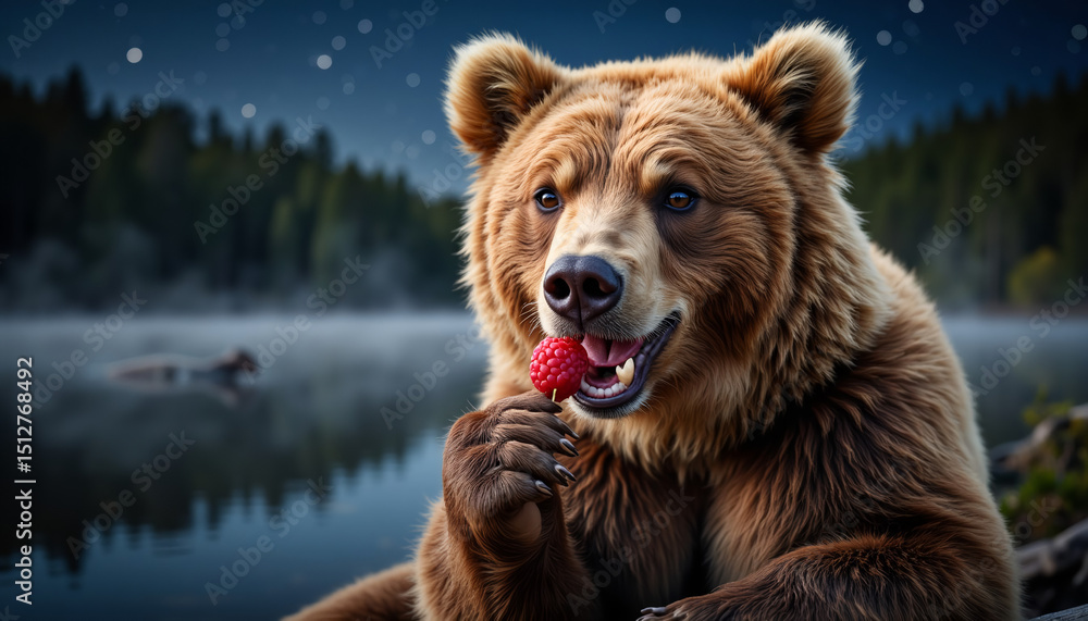 Fototapeta premium Grizzly bear eating raspberry by tranquil lake under starry night 