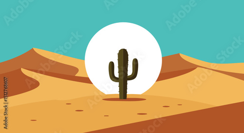Cactus in desert landscape with bright sun and blue sky vector illustration in warm colors 