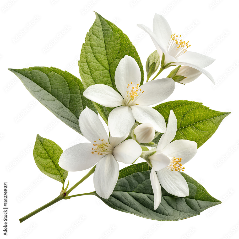 Fototapeta premium Ultra-Detailed Fresh White Jasmine Flowers with Green Leaves on Transparent Background