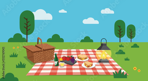 Picnic basket and food items on red checkered blanket in green park with trees and blue sky vector illustration 