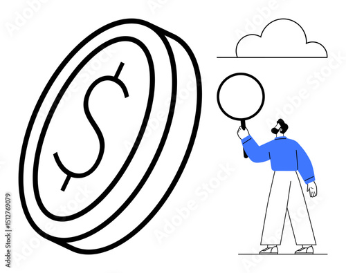 Man holding magnifying glass investigates oversized coin. Cloud in background. Ideal for finance, analysis, economy, savings, research, investment, simple landing page