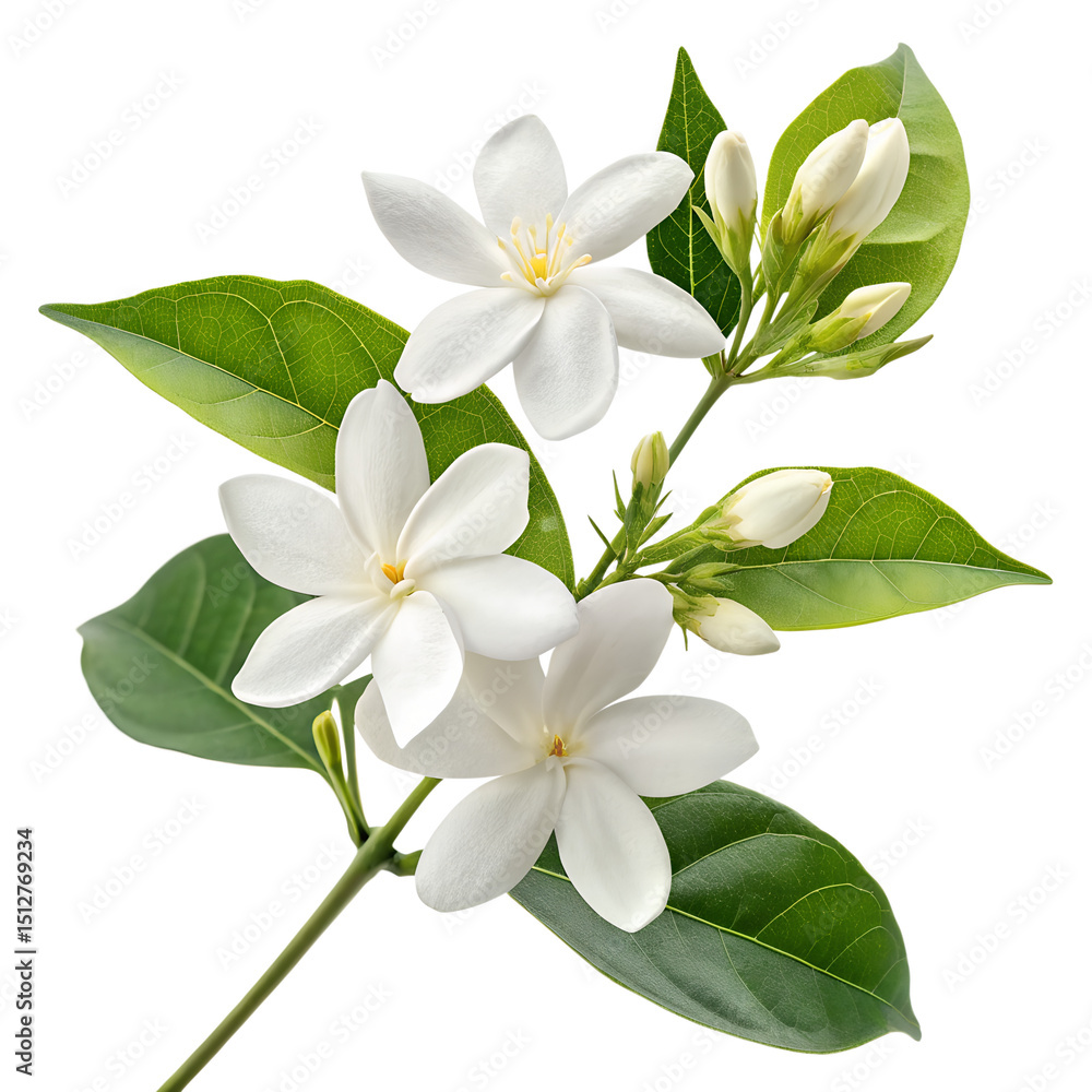 Ultra-Detailed Fresh White Jasmine Flowers with Green Leaves on Transparent Background Ultra-Detailed Fresh White Jasmine Flowers with Green Leaves on Transparent Background
