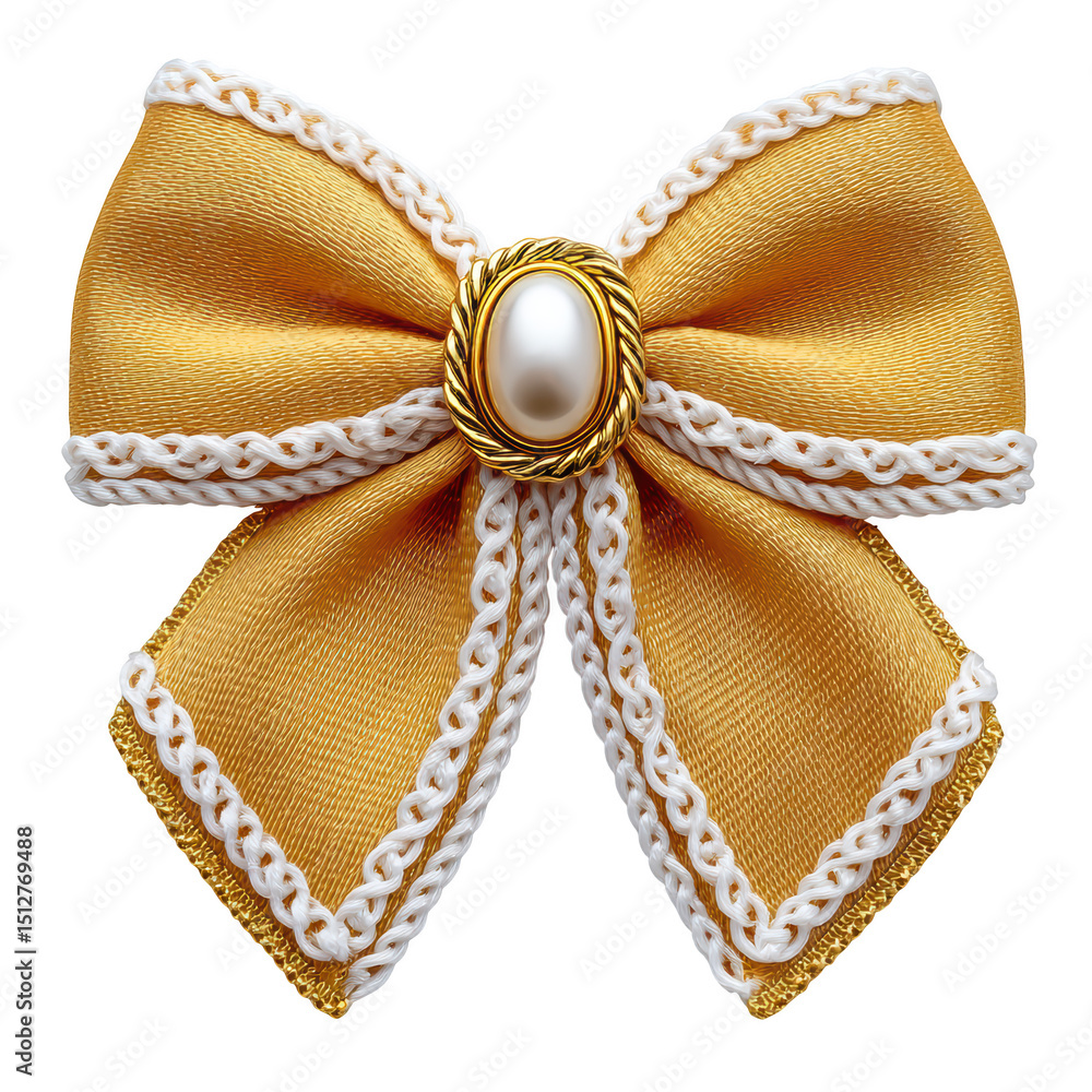 Fototapeta premium Elegant Golden Satin Bow with Pearl Center and Decorative Edging for Fashion and Decoration Purposes