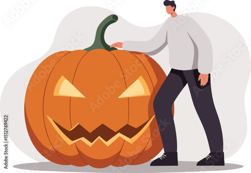 Man standing next to large carved Halloween pumpkin jack o lantern with glowing eyes and mouth vector illustration 