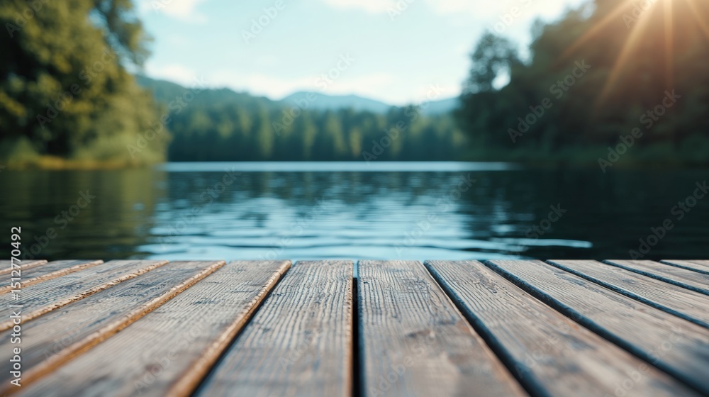 Naklejka premium Wooden pier with a tranquil lake view, reflecting sunlight and surrounded by lush trees, creating a peaceful atmosphere