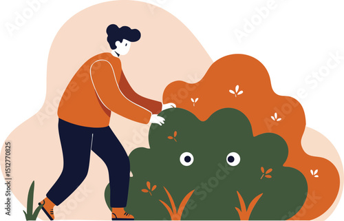 Person trimming green and orange bushes in autumn garden vector illustration with seasonal colors and simple flat design 