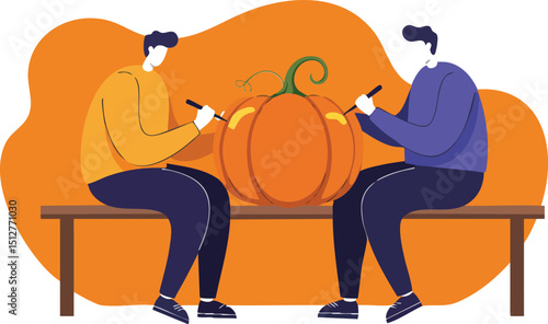 Two men carving pumpkin sitting on orange couch autumn seasonal activity vector illustration 