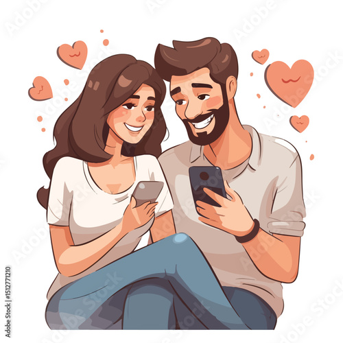 Professional photo of a young couple deeply in love, engaged in digital technology together