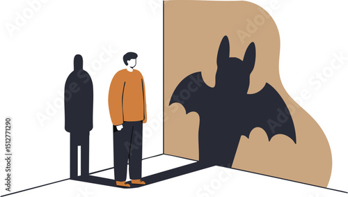 Man standing with bat shadow symbolizing hidden fears and alter ego in conceptual vector illustration 