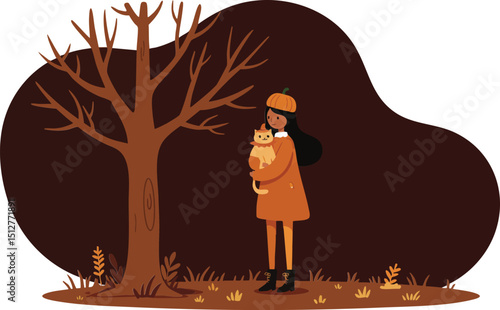 Woman in orange coat holding cat near bare tree autumn scene vector illustration 