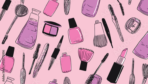 Hand-Drawn Seamless Pattern of Makeup and Beauty Tools