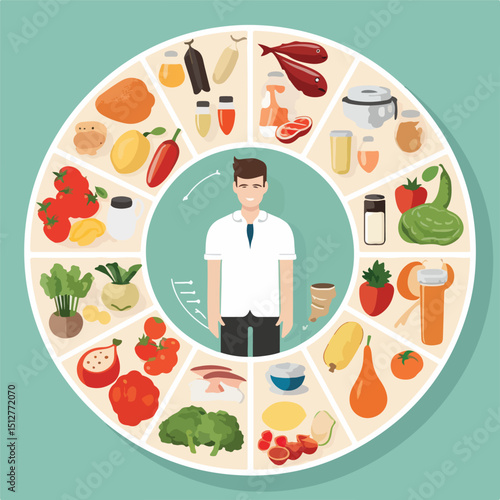 Nutritionist Doctor Recommending Healthy Diet with Fruits, Vegetables, Meat, Fish, Egg, Bread, and Milk in Medical Consultation