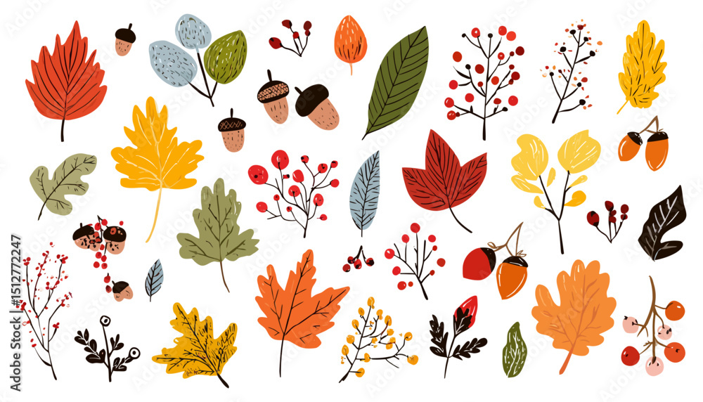 Obraz premium Hand-Drawn Autumn Leaves and Berries Vector Set Perfect for Fall Designs