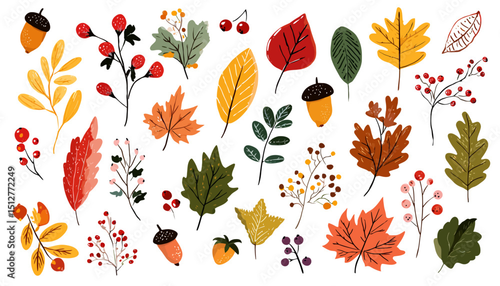 Obraz premium Hand-Drawn Autumn Leaves and Berries Vector Set Perfect for Fall Designs