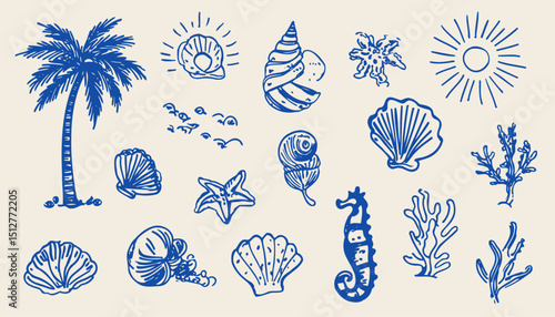 Hand-Drawn Summer Vintage Icons Beach, Ocean, and Seashells Illustrations