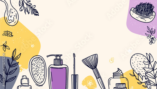 Hand-Drawn Beauty Product Template Cosmetics, Skincare, and Makeup Illustration
