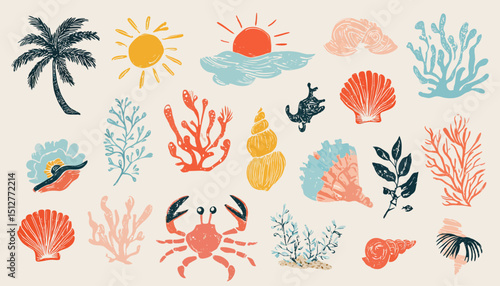 Hand-Drawn Summer Vintage Illustrations Ocean, Beach, and Coastal Elements