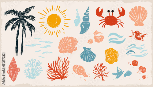 Hand-Drawn Summer Vintage Beach Elements Sun, Shells, Crabs, Coral, Palm Trees