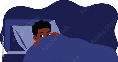 Child hiding under blue blanket in dark bedroom scared at night vector illustration 