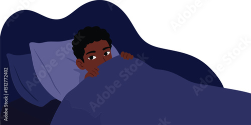Child lying in bed under blanket with pillow in dark blue bedroom vector illustration 