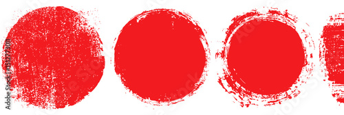 Hand drawn Japan red sun circle brush stamp watercolor paint shape set featuring rough ink brush stroke texture and grunge Asian badge elements. Vector illustration