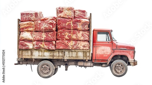 Wallpaper Mural A rusty red flatbed truck, heavily laden with large, shrink-wrapped blocks of raw meat, is isolated against a stark white background.  The meat is stacked high, secured with twine Torontodigital.ca