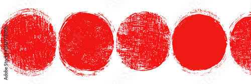 Hand drawn Japan red sun circle brush stamp watercolor paint shape set featuring rough ink brush stroke texture and grunge Asian badge elements. Vector illustration
