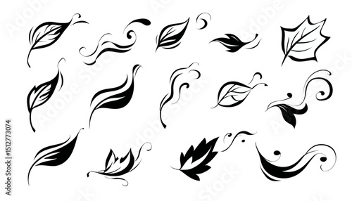 Hand Drawn Wind & Leaf Doodles � Whimsical Air Motion Sketch Elements � Autumn Breeze & Falling Leaves Vector Illustration Set