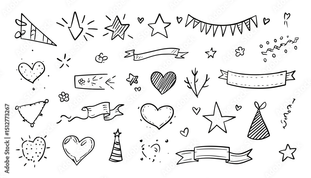 Fototapeta premium Hand-Drawn Doodle Collection Festive Banners, Hearts, Stars, and Party Elements
