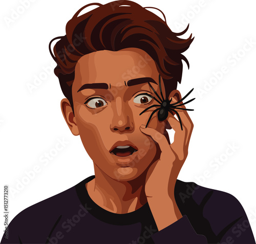 Young man holding a large spider near his face with shocked expression vector illustration 