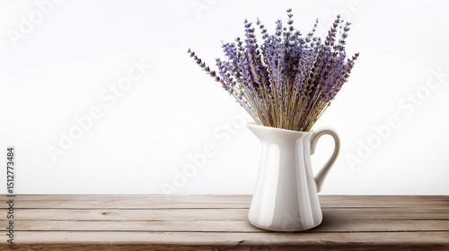 Dried lavender bouquet in a cream pitcher on a weathered wooden surface