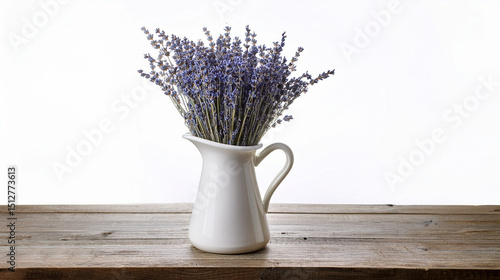 Dried lavender bouquet in a cream pitcher on a weathered wooden surface
